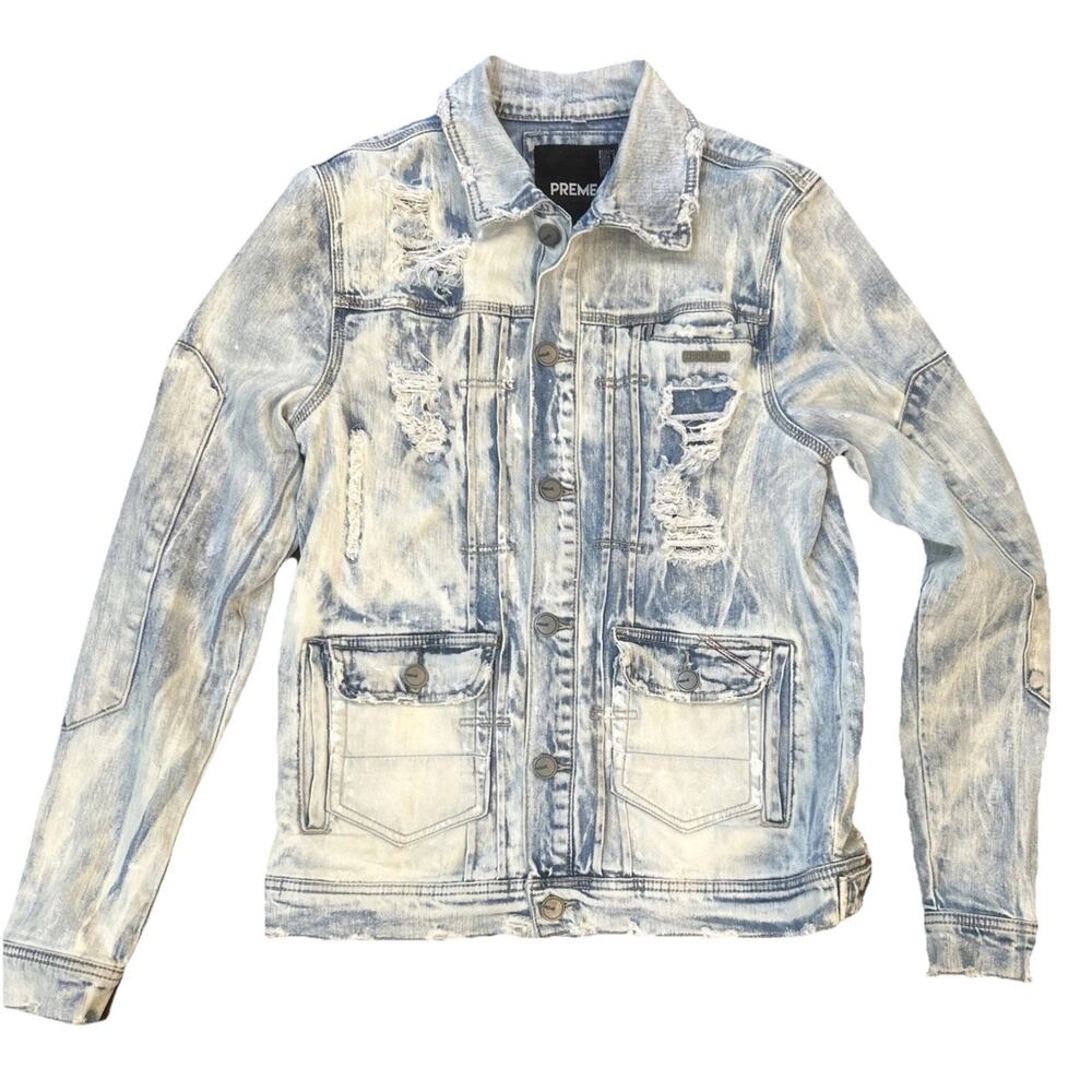 PREME Denim Jacket‎ Men’s Small Monaco Indigo Wash Distressed Logo Patch Buttons